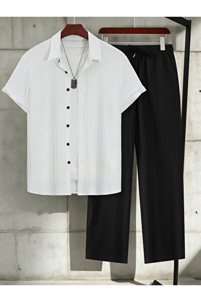 Take Two By Styli Men Textured Short Sleeve Shirt and Drawstring Pants Co-Ords