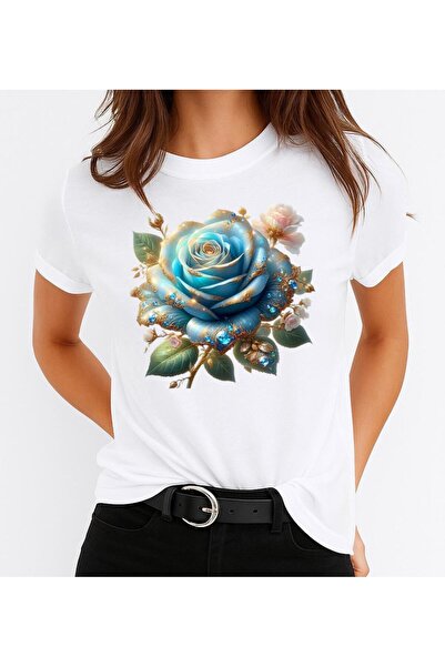 OEM Women's Cotton T-Shirt 100% Blue Big Flower
