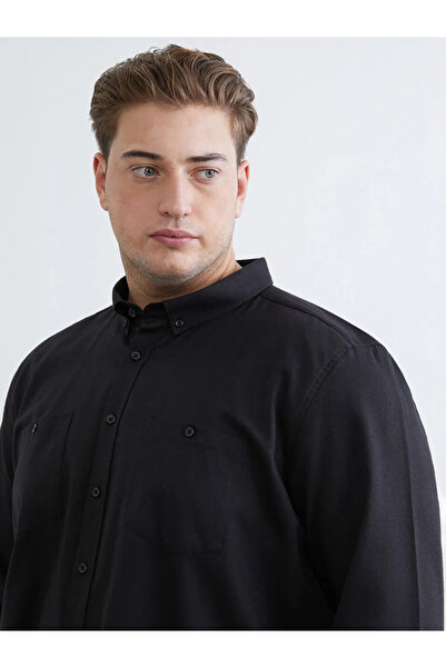 LC Waikiki Black Plus Size Regular Fit Long Sleeve Gabardine Men's Shirt