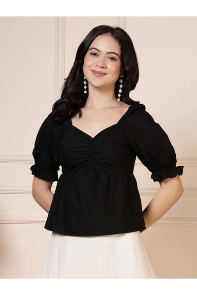 RUE COLLECTION By Styli Women Black Sweetheart Neck Puff Sleeves Top