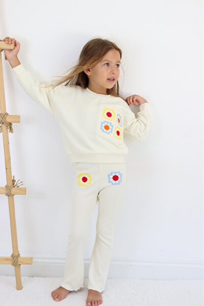 Orca Kids Fashion Ribbed Knit Embroidered Suit Ecru