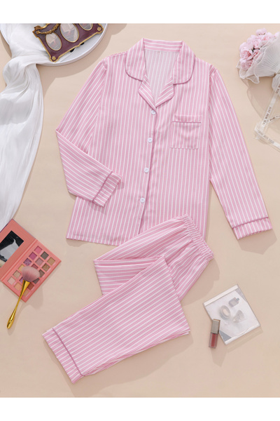 Take Two By Styli Women Pink Striped Shirt and Pyjama Set