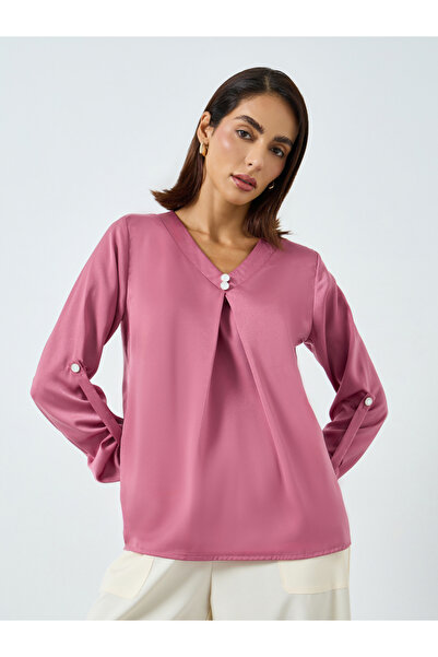 Take Two By Styli Women Solid V-Neck Faux Pearl Detail Top