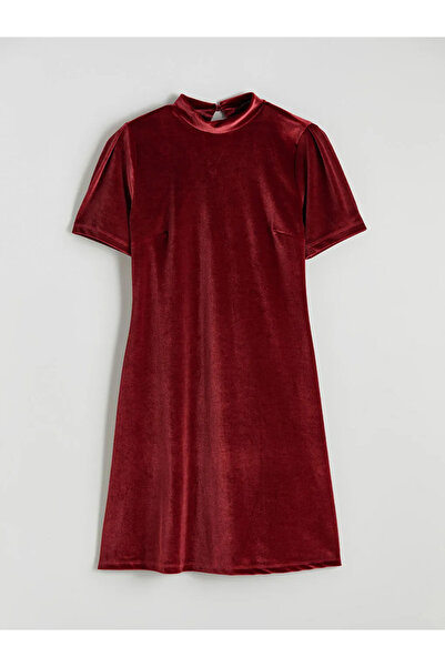 LC Waikiki Burgundy Mock Neck A-Line Velvet Mini Dress