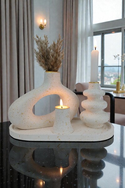 KK Dekoratif 4'lü Vazo ve Mumluk Seti (Çiçek Dahil)