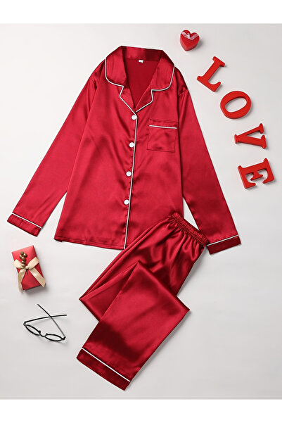 Take Two By Styli Women Red Long Sleeve Shirt and Pyjama Set