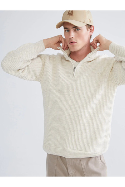 LC Waikiki Beige Zippered Stand Collar Men's Knitwear Sweater