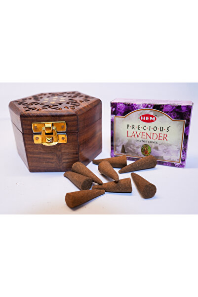 memyap Ahşap Konik Tütsü Kutusu + Lavanta Kokulu Konik Tütsü Seti | Kapaklı D...