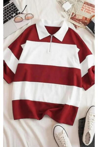 MODAGEN Unisex Bordo Çizgili Fermuarlı Polo Yaka Oversize T-shirt