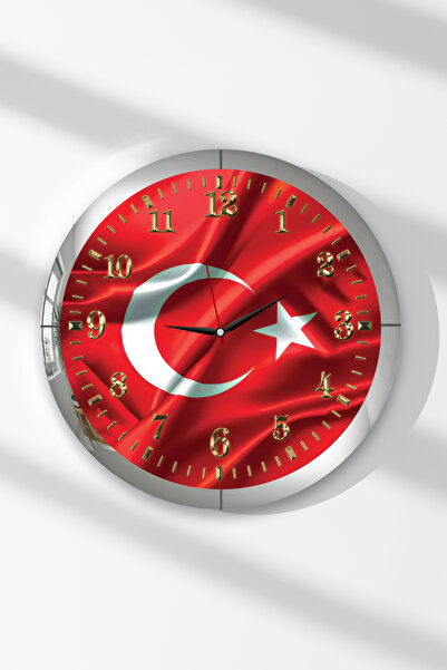 Zevahir Mobilya Dekorasyon Silver Framed Turkish Flag Themed Round Mdf Wall C...