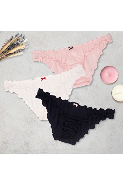 Dominant Kadın 3'lü Paket Pamuklu Fırfırlı Bikini Külot Seti - Lacivert Pembe...