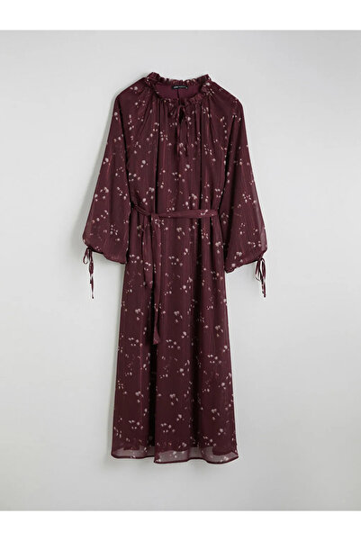 LC Waikiki Burgundy Patterned Waist-Fitted Chiffon Dress