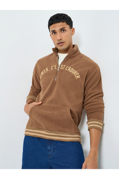 Styli Men Brown Fleece Zip Collar Sweater