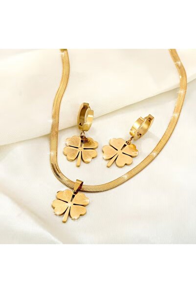 Mumicemum Dört Yapraklı Yonca İtalyan Zincirli Kolye ve Küpe Seti