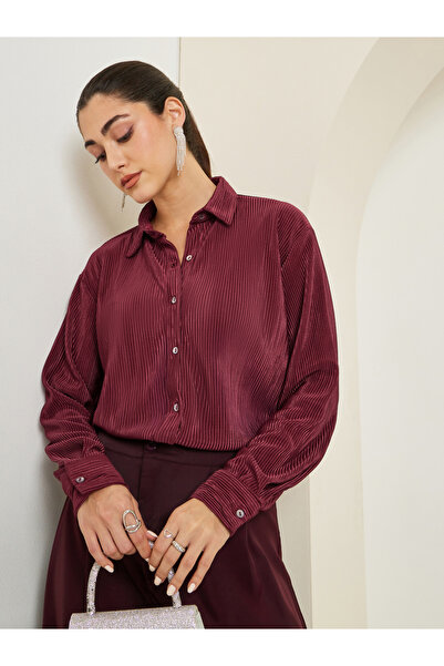 Styli Women Burgundy Oversized Plisse Shirt