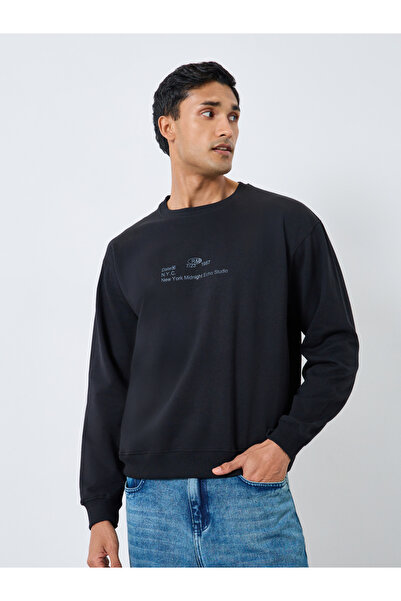 Styli Men Black Placement Print Sweatshirt