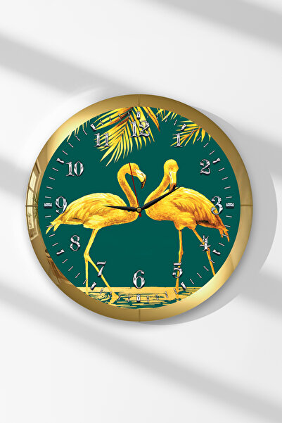 Zevahir Mobilya Dekorasyon Gold Framed Flamingo Themed Round Mdf Wall Clock