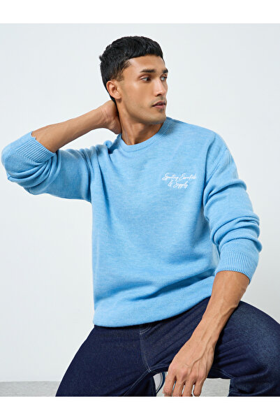 Styli Men Light Blue Embroidered Knitted Sweater
