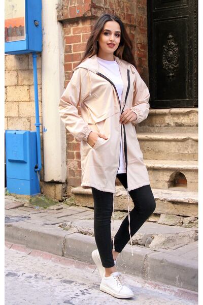 comstar Жіночий капюшонний трендовий довгий кремовий плащ з кишенями