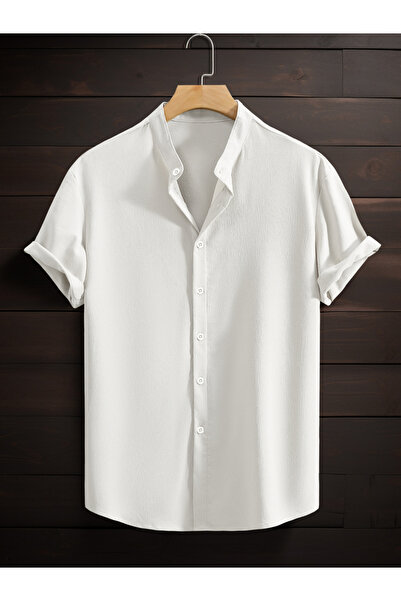 Take Two By Styli Men White Mandarin Collar Short Sleeve Shirt