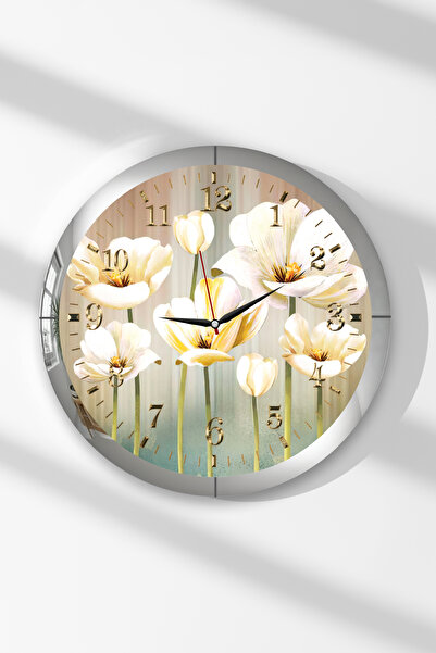 Zevahir Mobilya Dekorasyon Silver Framed White Flowers Themed Round Mdf Wall ...