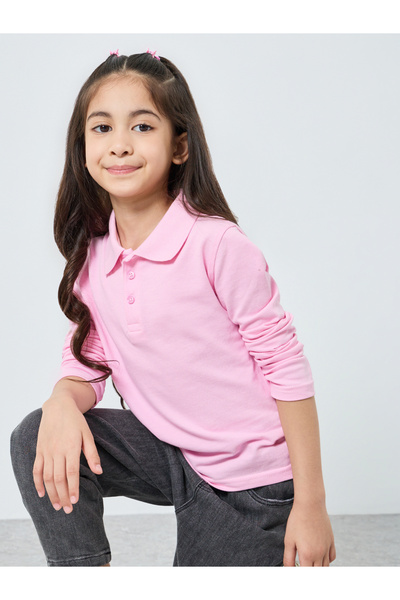 Styli Girls Pink Cotton Long Sleeve Polo T-Shirt