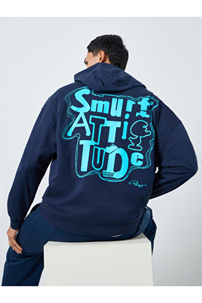 Styli هودي رجالي أزرق داكن مطبوع عليه رسومات السنافر