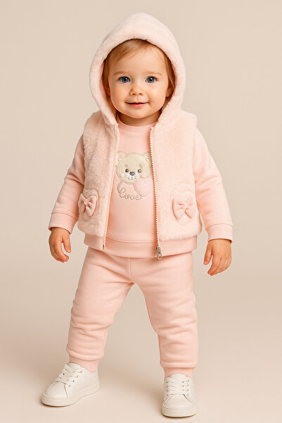 Bebelul Girls' 3-Piece Set in Pink, Blouse, Puffy Hooded Vest, Matching Pants