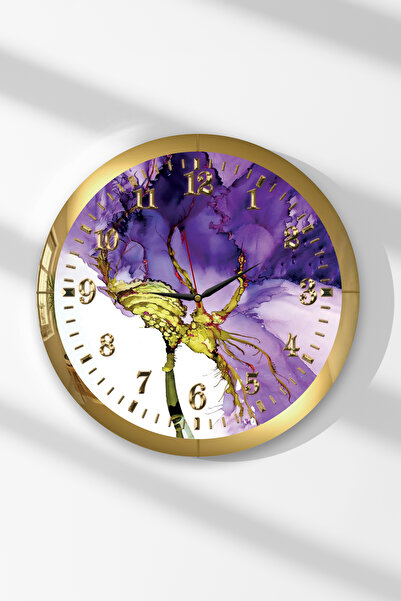 Zevahir Mobilya Dekorasyon Gold Framed Purple Flower Themed Round Mdf Wall Clock