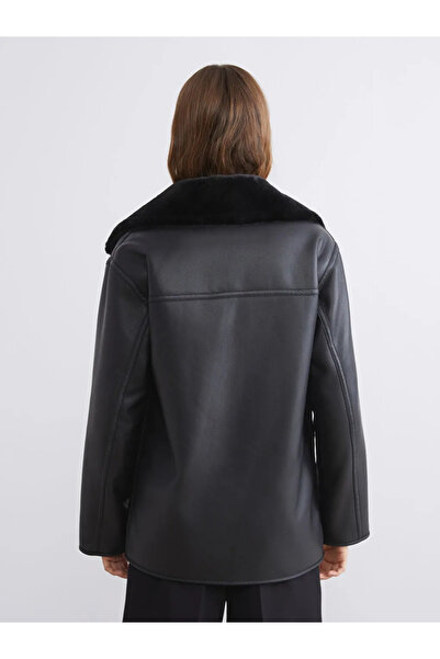LC Waikiki Double-Breasted Collar Women's Leather-Look Coat