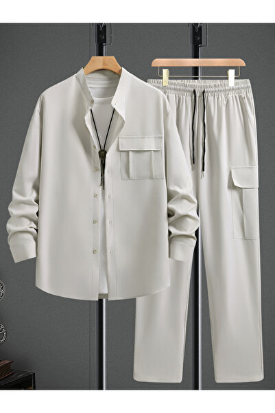 Take Two By Styli Men Beige Solid Buttoned Shirt and Trousers Co-Ords