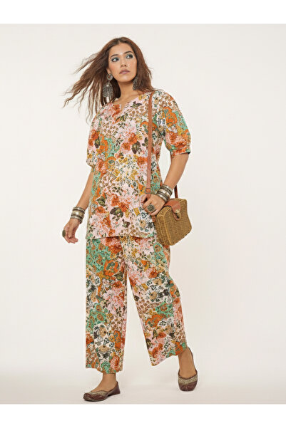 WineRed By Styli طقم نسائي مكون من تونيك وبنطال بأكمام منفوخة وطبعة زهور