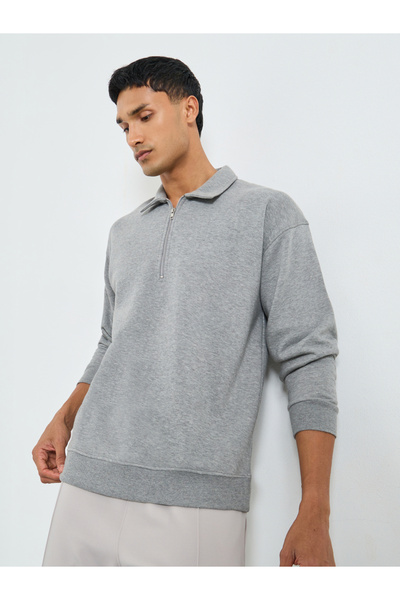 Styli Men Grey Zip-Neck Fleece Sweatshirt