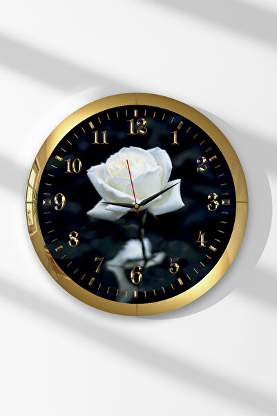 Zevahir Mobilya Dekorasyon White Rose Themed Round Mdf Wall Clock with Gold F...