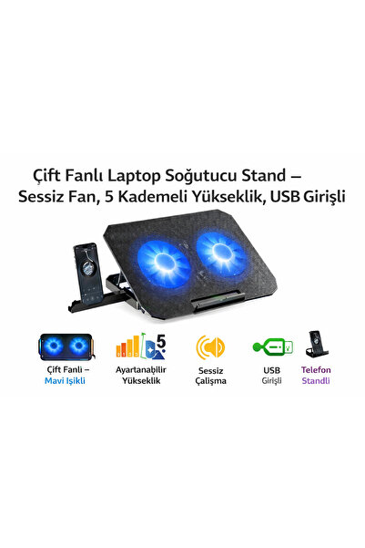 qasul Çift Fanlı Laptop Soğutucu Stand – Sessiz Fan, 5 Kademeli Yükseklik, US...