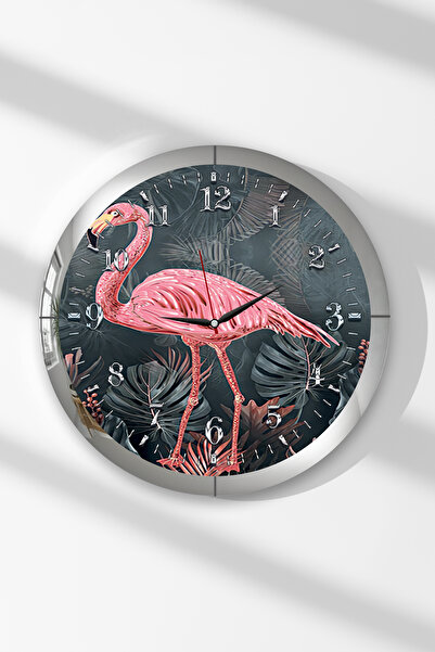 Zevahir Mobilya Dekorasyon Silver Framed Flamingo Themed Round Mdf Wall Clock