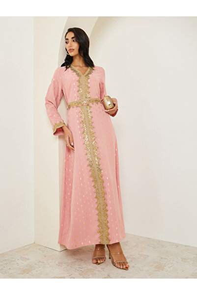Styli Women Pink Embroidered A-Line Kaftan