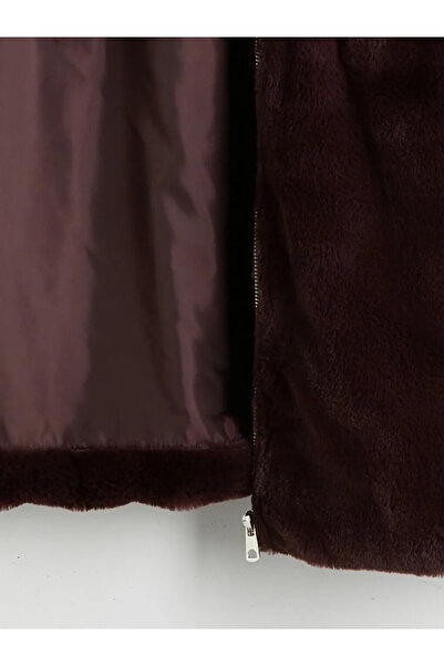 LC Waikiki Burgundy Stand Collar Women's Plush Coat