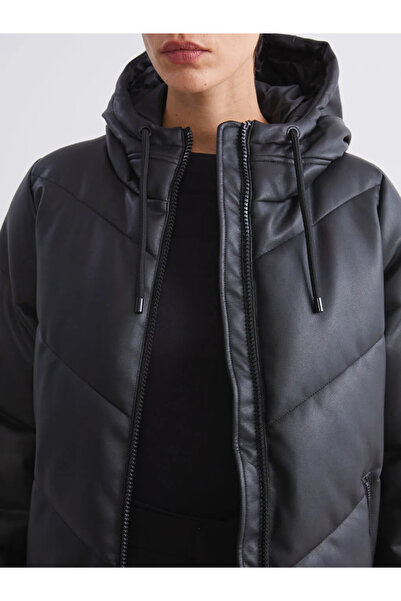 LC Waikiki Black Hooded Women's Leather Look Coat