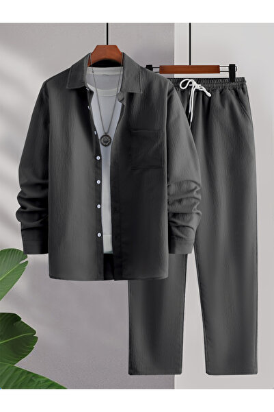 Take Two By Styli Men Grey Textured Shirt and Trousers Co-Ords