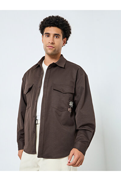 Styli Men Brown Embroidered Oversized Shirt