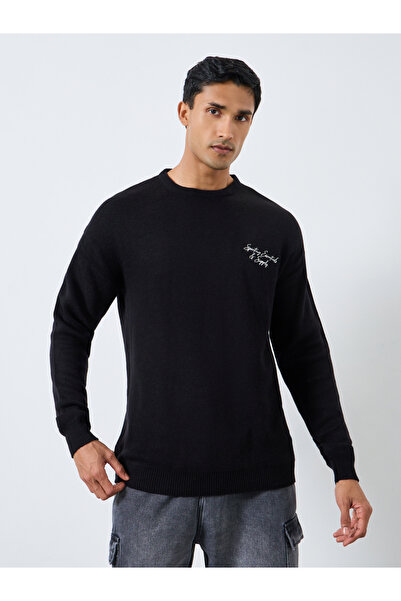 Styli Men Black Knit Embroidered Sweater