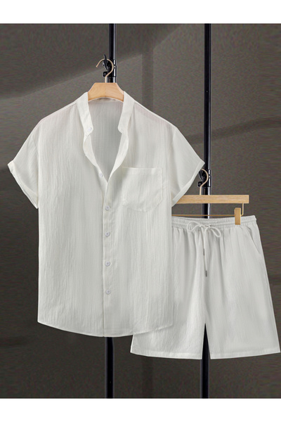 Take Two By Styli Men White Textured Linen Shirt and Shorts Co-Ords