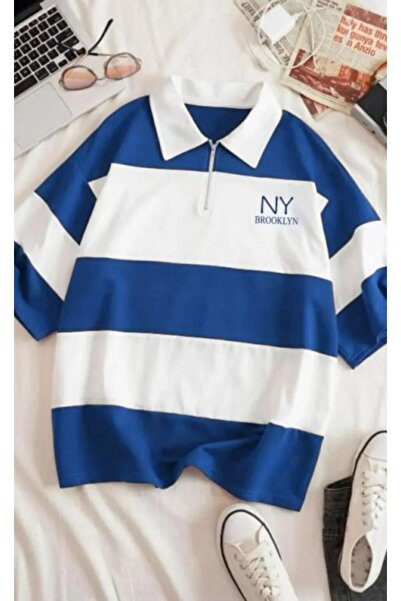 MODAGEN Unisex İndigo Çizgili NY Baskılı Fermuarlı Polo Yaka Oversize T-shirt