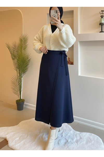 Lunsera Store تفاصيل الغطاء الأمامي تنورة أطلس-أزرق داكن