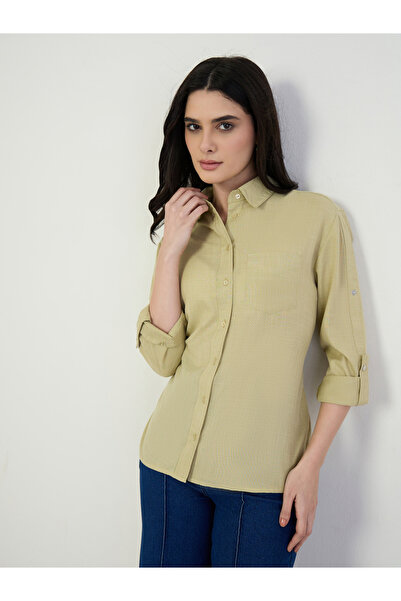 Styli Women Beige Linen Roll-Up Sleeve Shirt