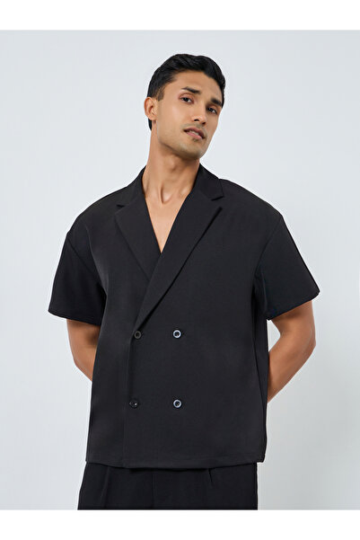 Styli Men Black Notch Collar Double Breasted Oversized Shirt