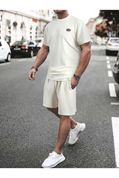 Take Two By Styli Men Cream Textured Short Sleeve Shirt and Drawstring Shorts...