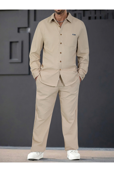 Take Two By Styli Men Textured Long Sleeve Shirt and Drawstring Pants Co-Ords