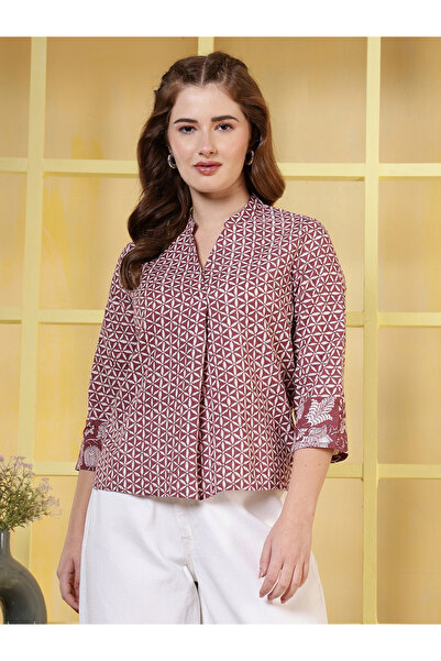 RUE COLLECTION By Styli بلوزة قطنية نسائية بلون خمري بنقشة هندسية، مناسبة للن...